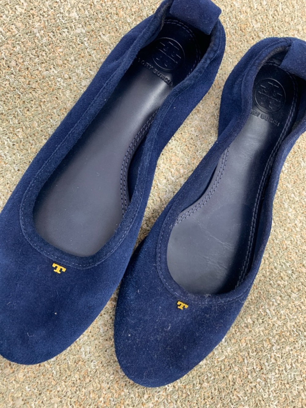 Tory Burch Navy Suede Round-Toe Ballet Flats with Gold Logo